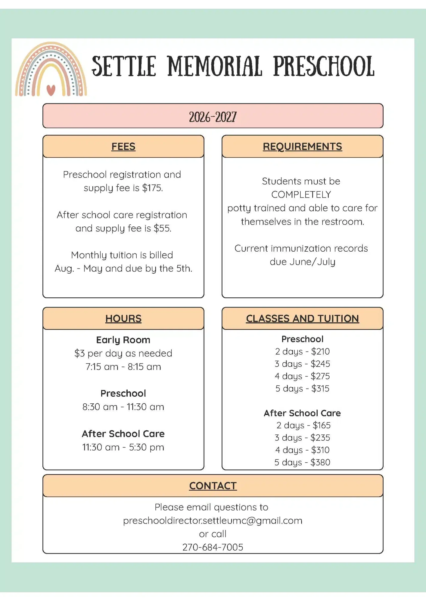 Settle Preschool information sheet